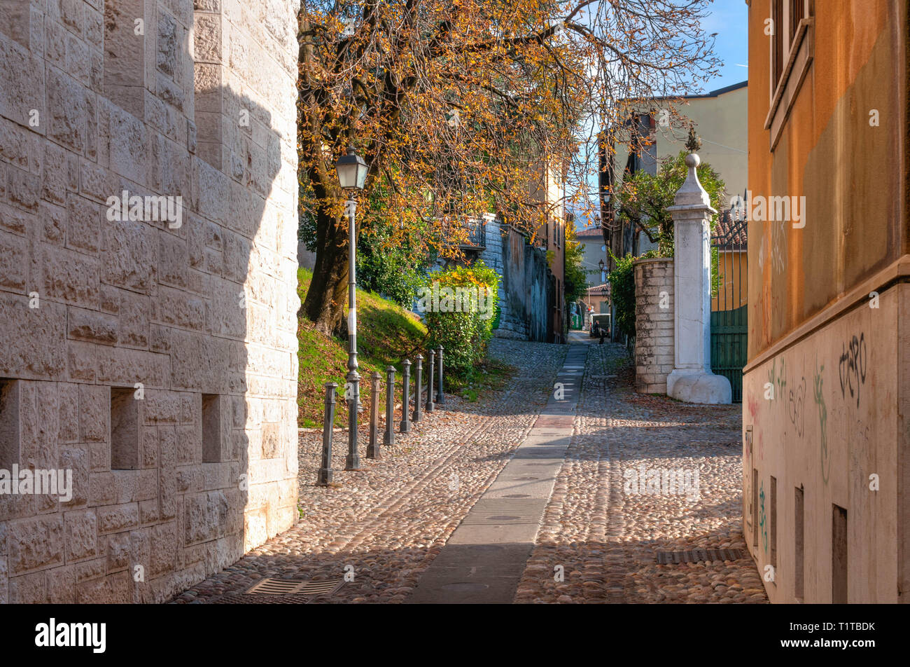 View of narrow street in Brescia in Lombardy. Italy Stock Photo