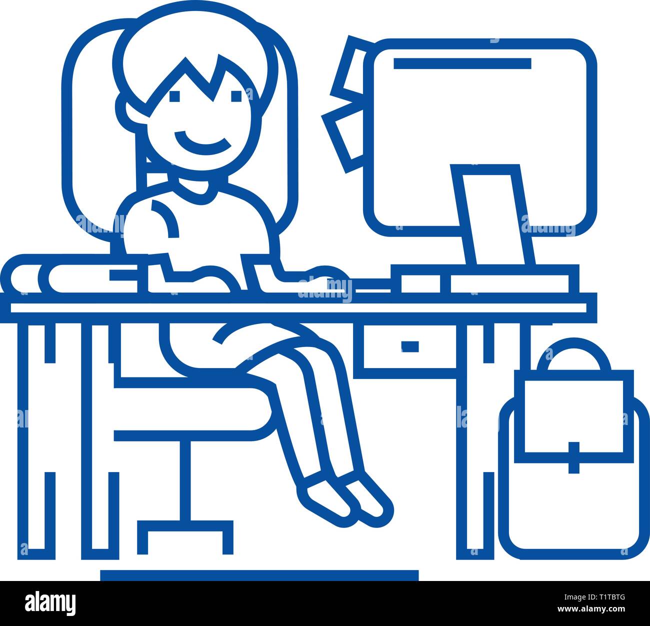 School girl on the table with computer,  line icon concept. School girl on the table with computer,  flat  vector symbol, sign, outline illustration. Stock Vector