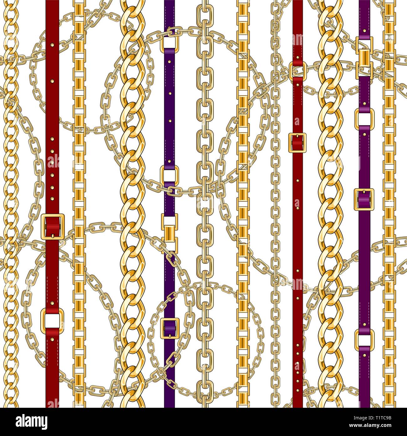 Seamless pattern with gold chains and belts on white background for fabric. Trendy repeating print. Stock Vector