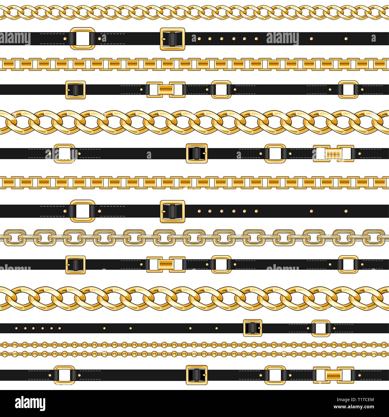 Abctract horizontal seamless pattern with belts and chain on white for fabric. Trendy repeating print. Stock Vector