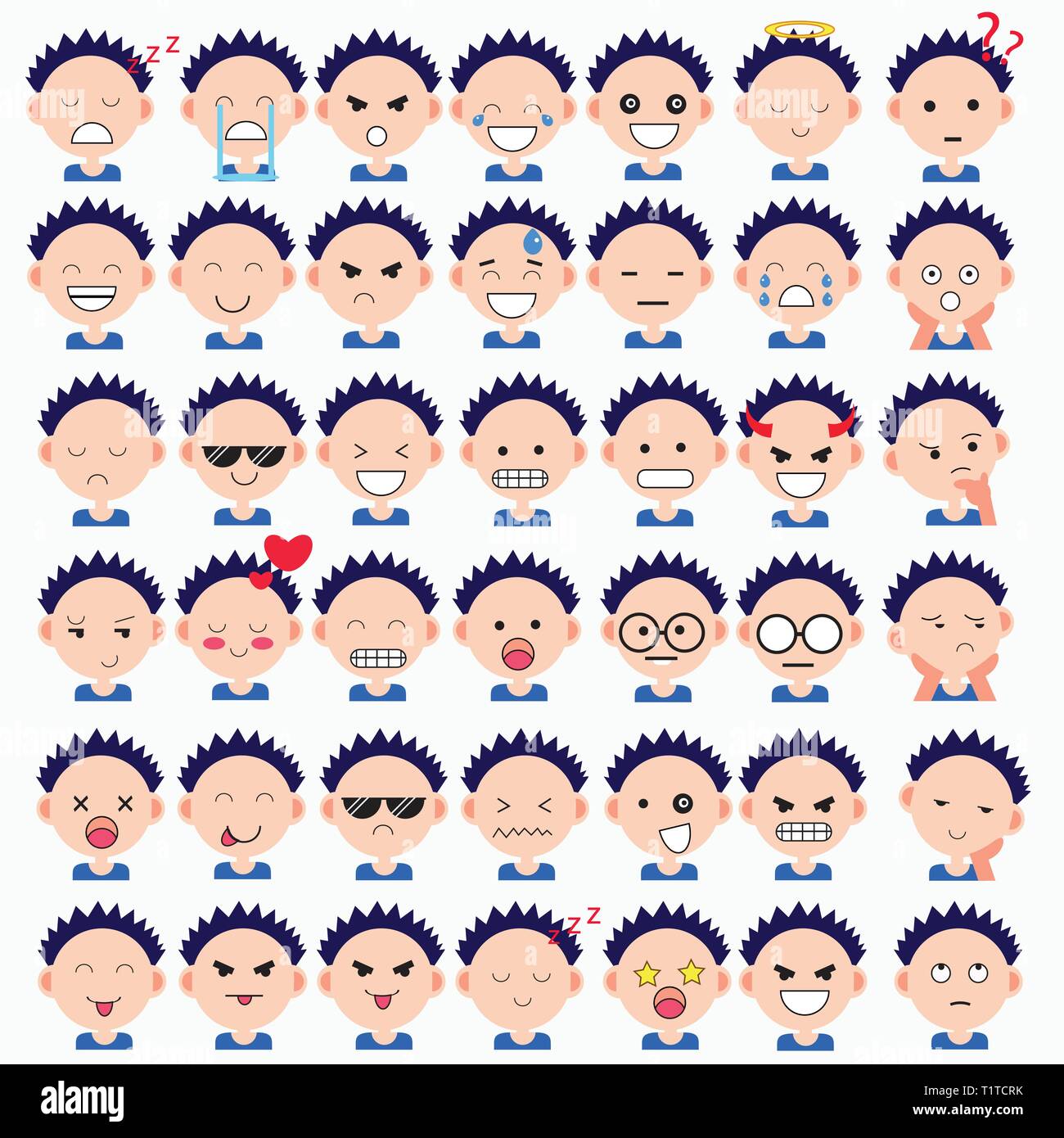 Illustration of cute boy faces showing different emotions. Joy, sadness, anger, talking, funny, fear, smile. Isolated illustration on white background Stock Vector