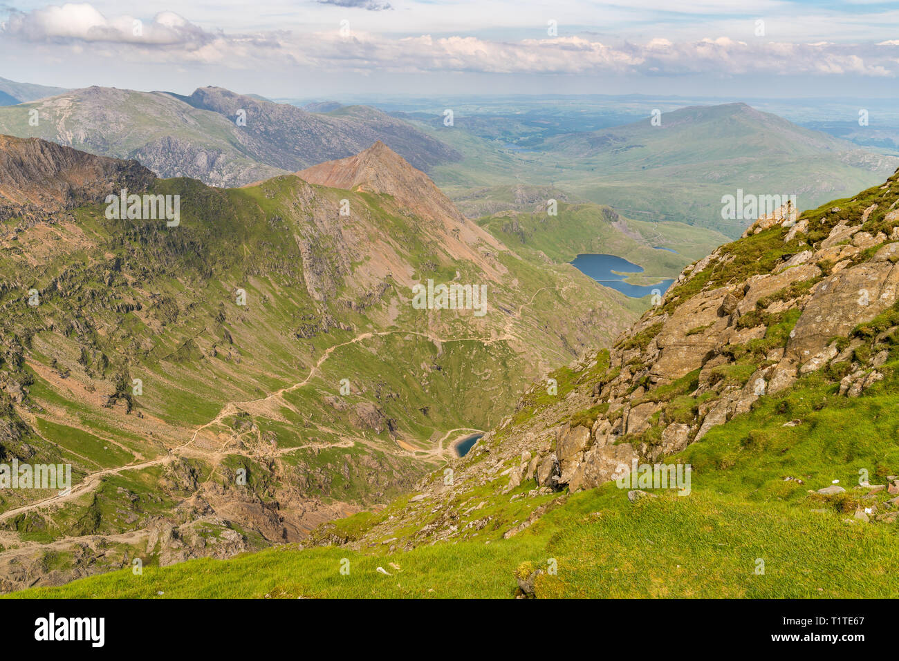 View from the summit of Mount Snowdon, Snowdonia, Gwynedd, Wales, UK ...