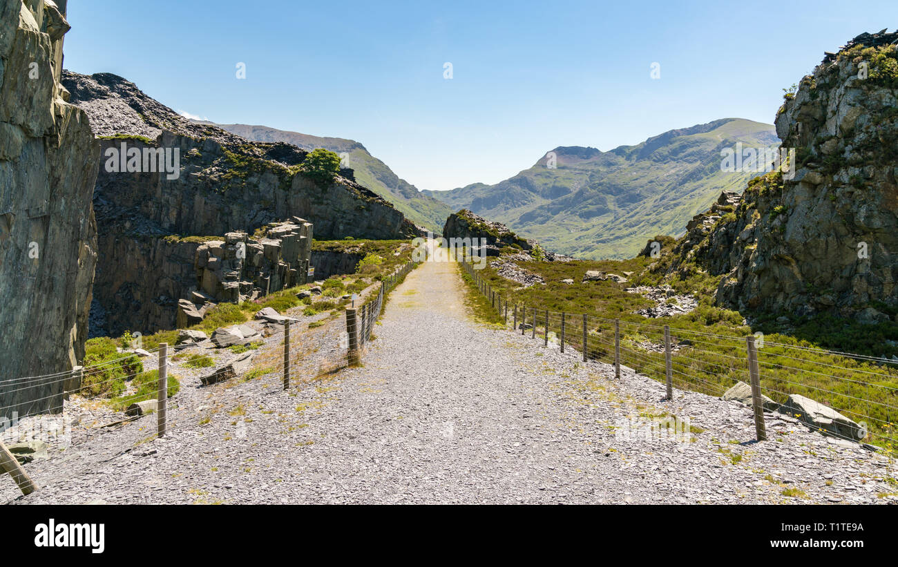 Walking in the derelict Dinorwic Quarry near Llanberis, Gwynedd, Wales