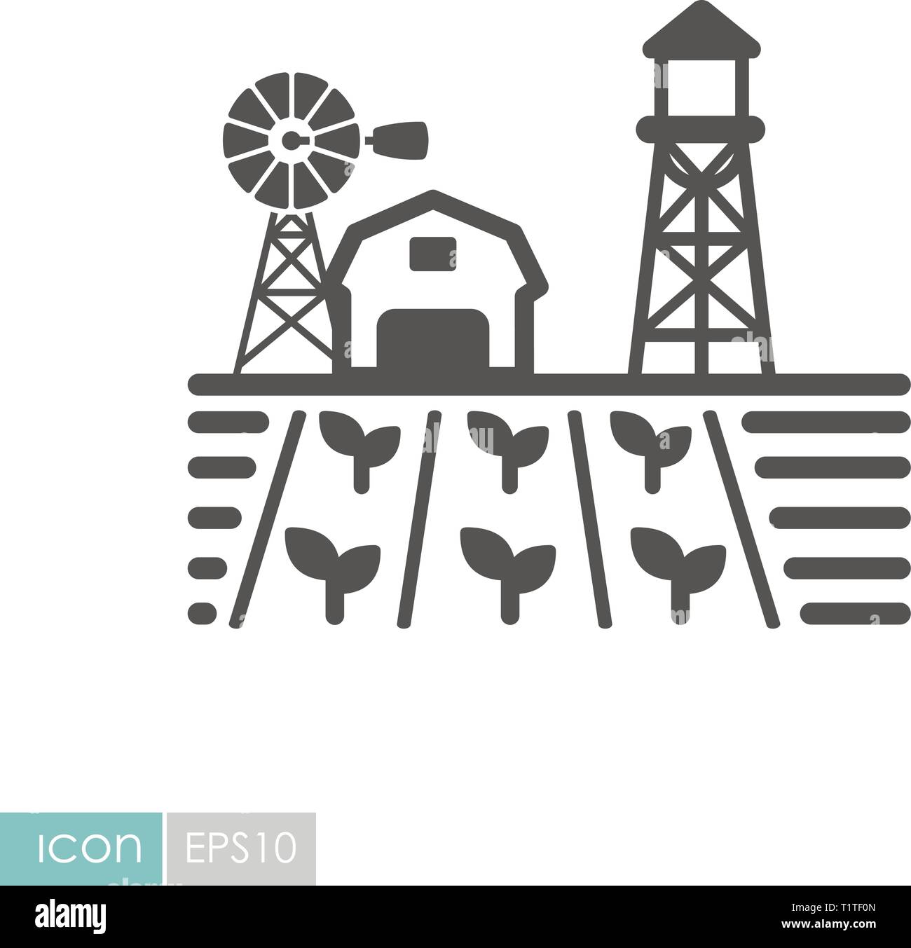 Farm landscape with barn, windpump, seedling and water tower icon ...