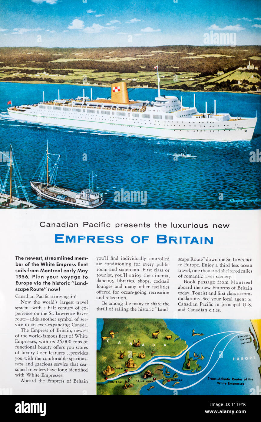 1955 magazine advert advertising the Empress of Britain cruise liner. Stock Photo