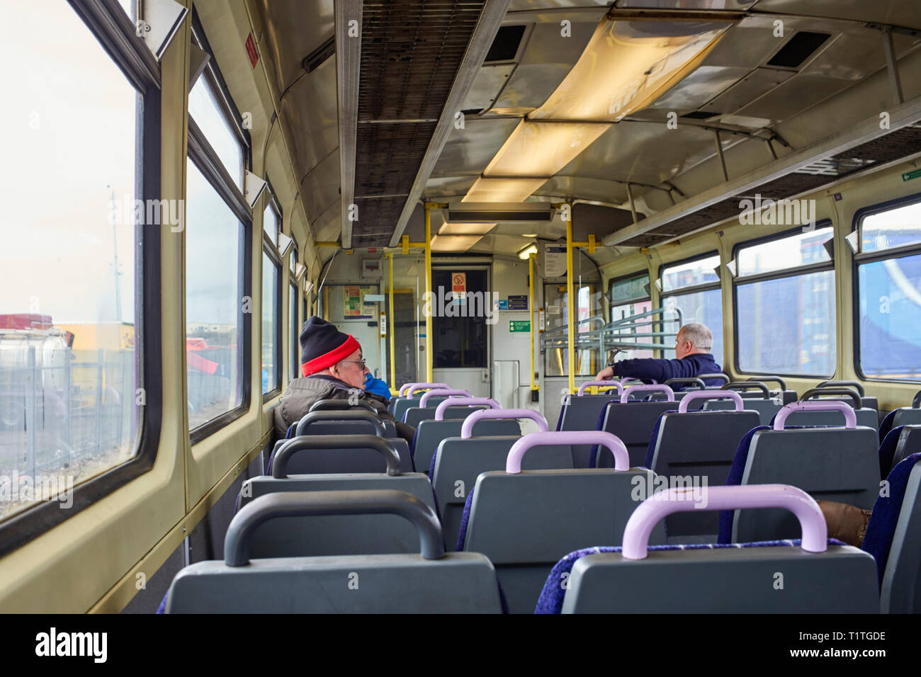 Interior of out of date Pacer bus train from Heysham Port to Lancaster Stock Photo