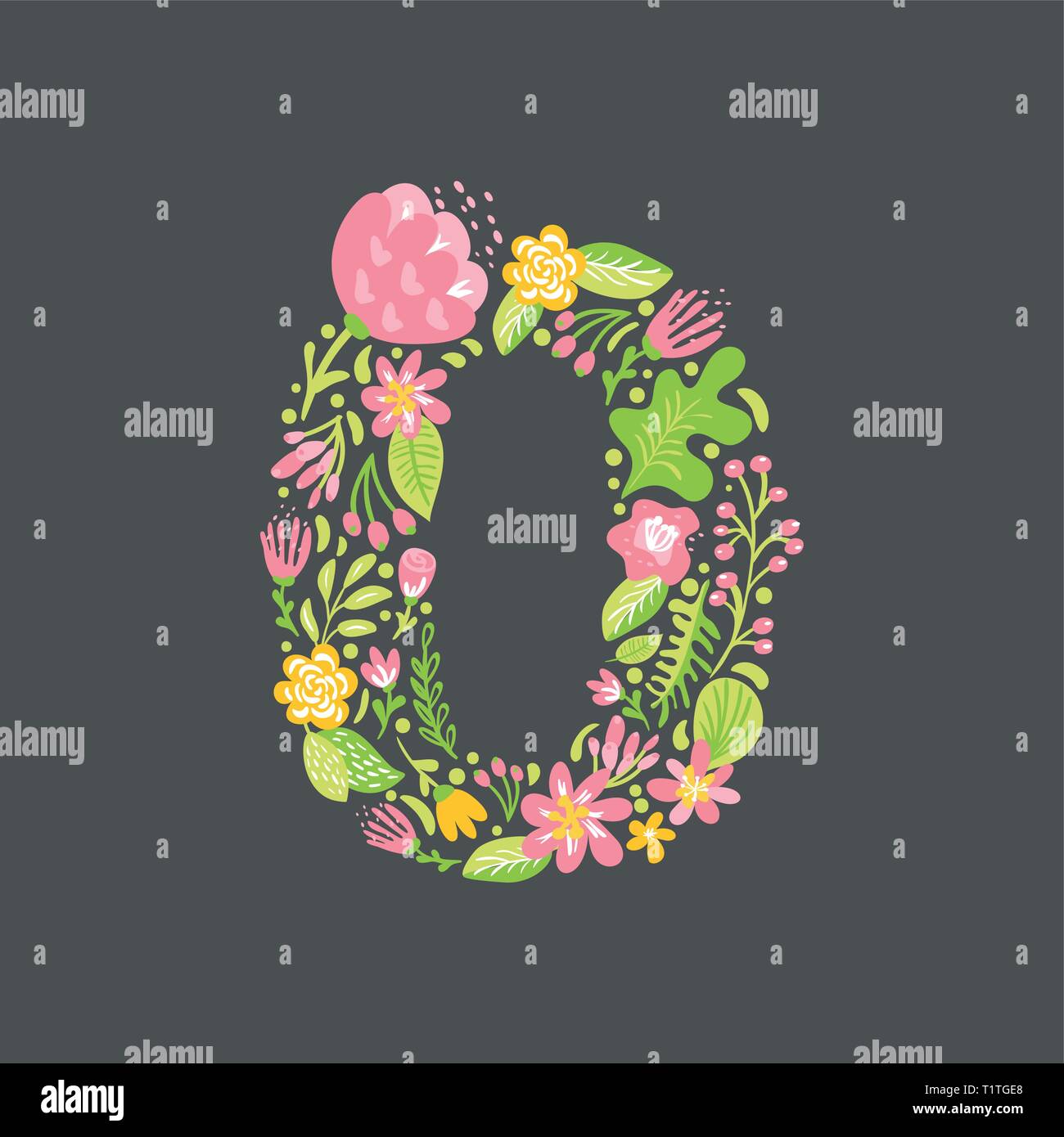 Floral summer Number 0 zero. Flower Capital wedding Uppercase Alphabet. Colorful font with flowers and leaves. Vector illustration scandinavian style. Stock Vector