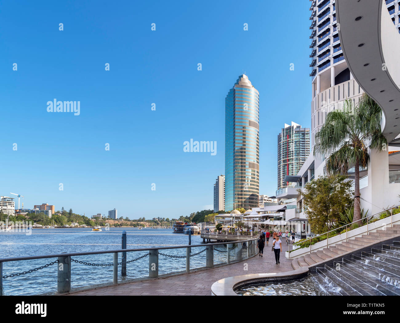 Riverfront walk in the Riverside Centre area at Eagle Street Pier, Brisbane River, Brisbane, Queensland, Australia Stock Photo