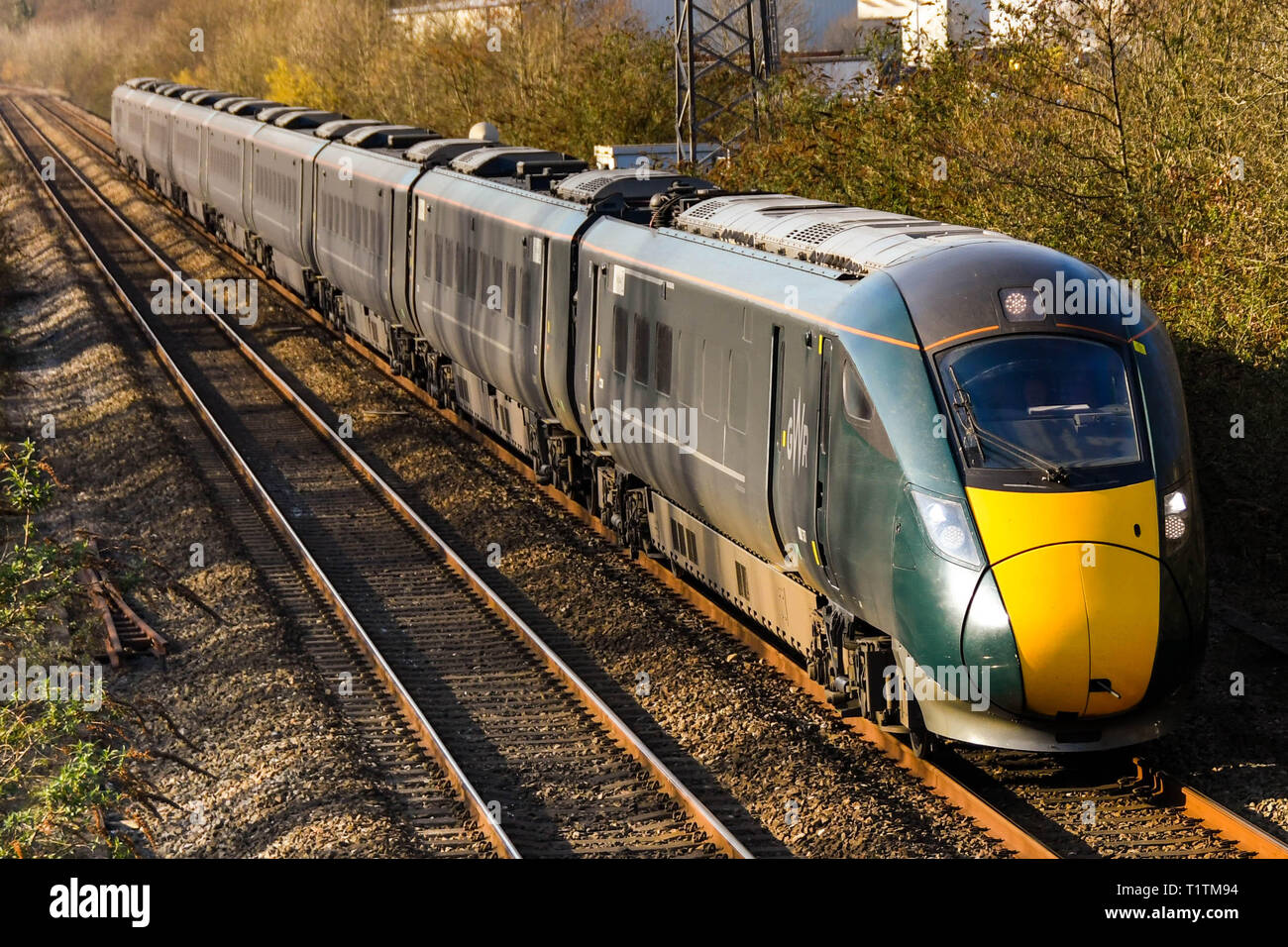 PONTYCLUN, WALES - MARCH 2019: London bound Class 800 inter city express train operated by Great Western Railway passing through Pontyclun in South Wa Stock Photo