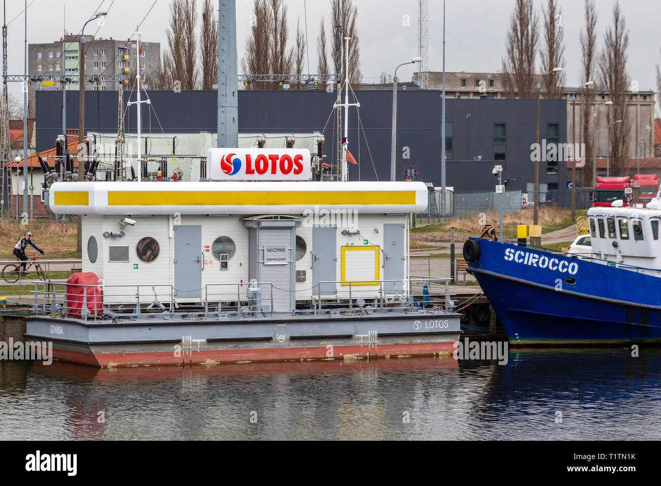Lotos Boat Petrol Filling Station on Motlawa River, Gdansk, Poland Stock Photo