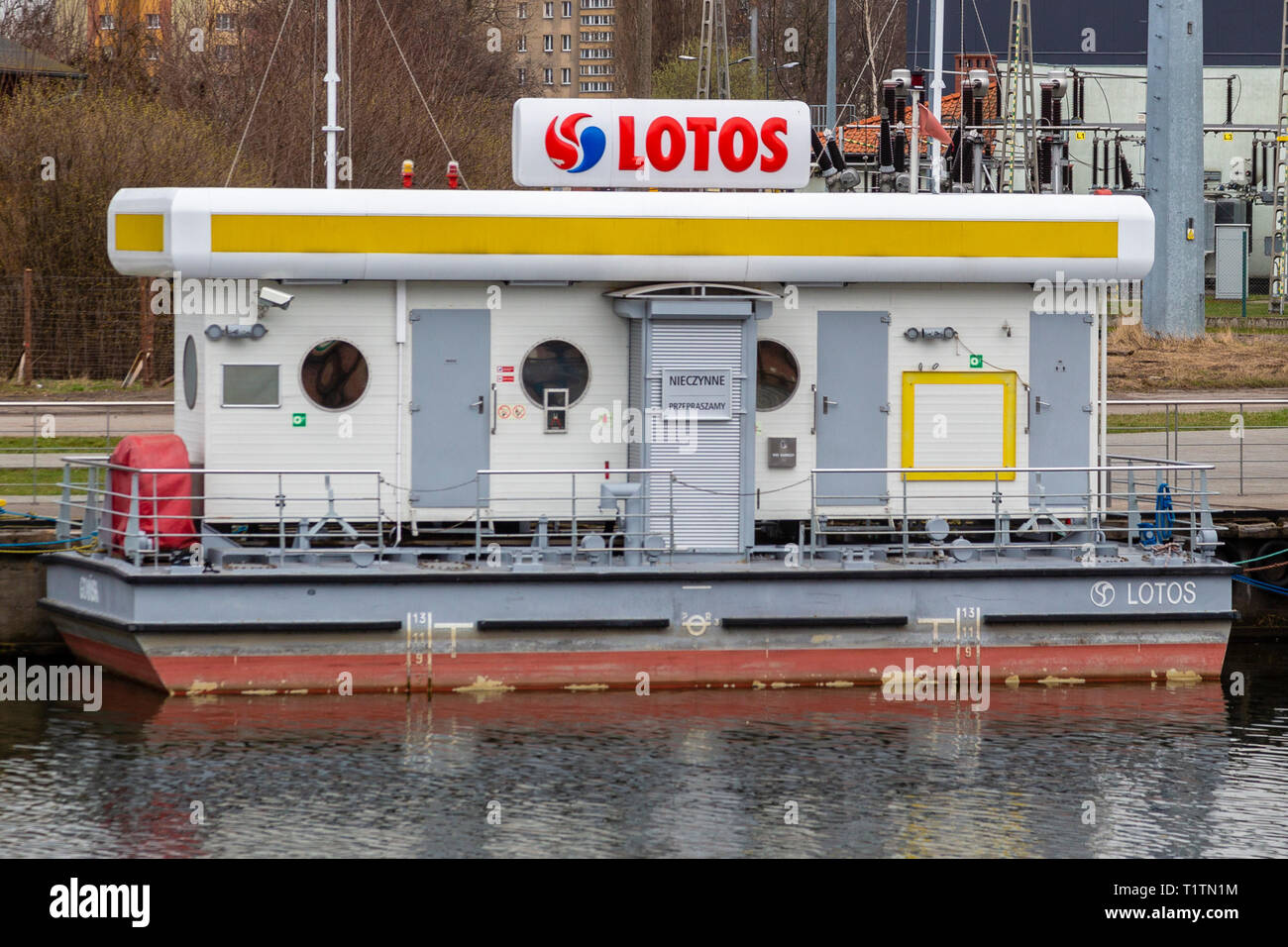 Lotos Boat Petrol Filling Station on Motlawa River, Gdansk, Poland Stock Photo