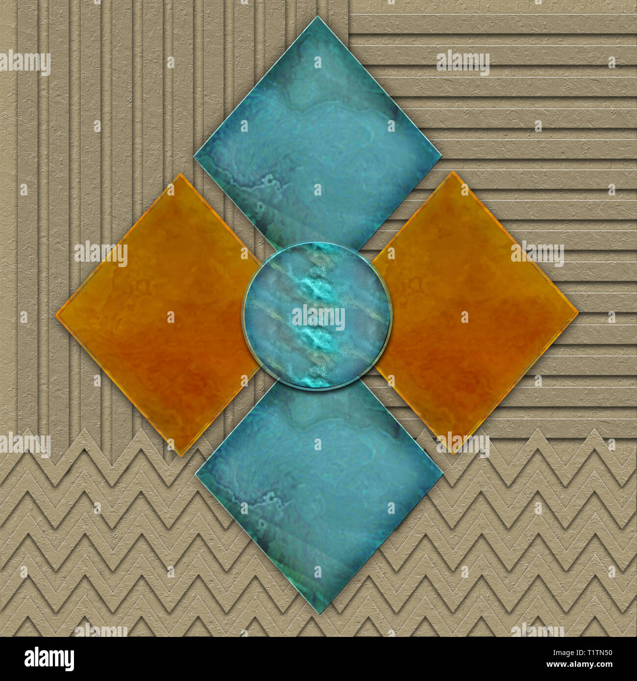 Geometric Graphic Background in brown tones with textured effects.  Marble-like Diamond shapes in turquoise blue and orange. Stock Photo