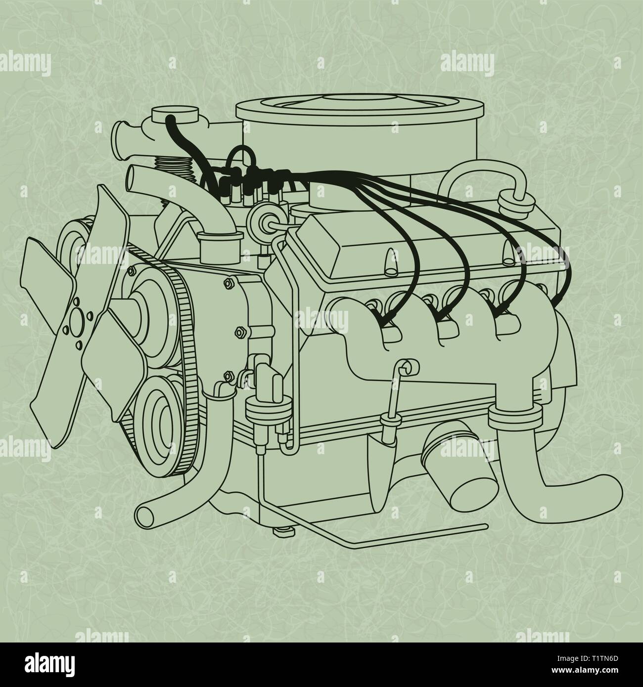 Generic Car Engine Diagram, on a green page background,  in the style of an car engine manual. Stock Vector