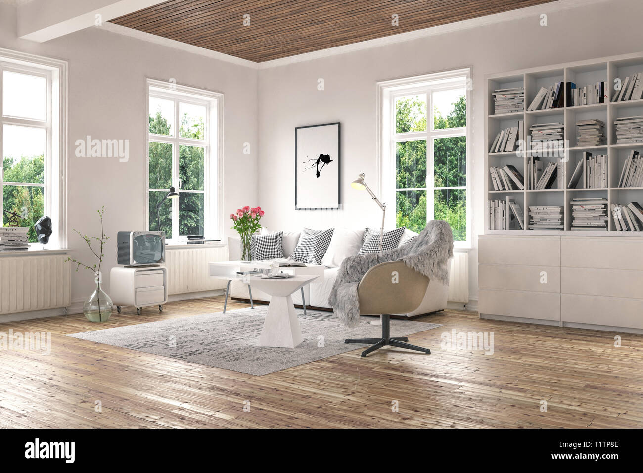 Bright Living Room Interior Concept With Big Windows And Green