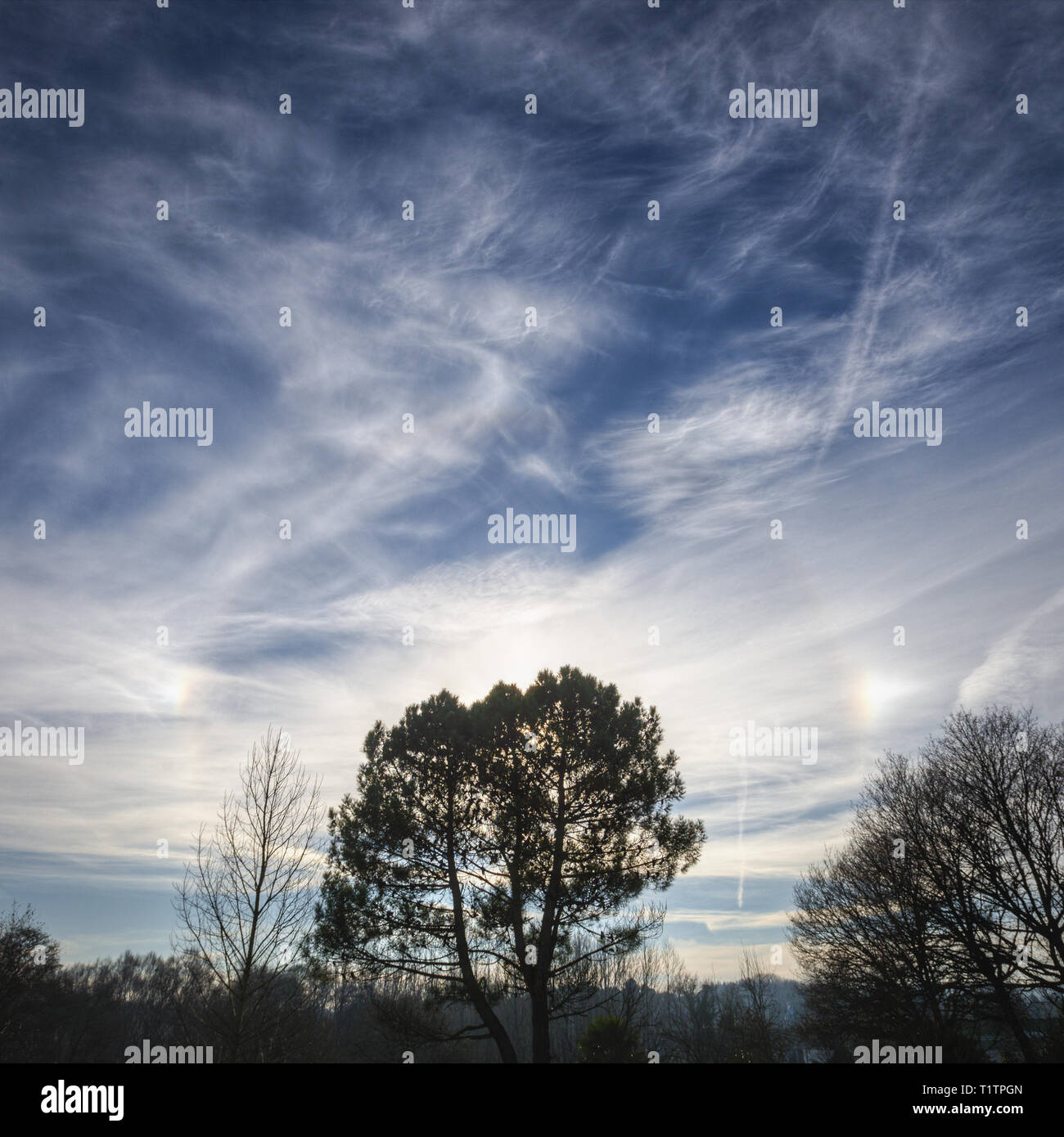 Spectacular winter sky with a slight parhelia between the white clouds, in Lugo, Galicia Stock Photo