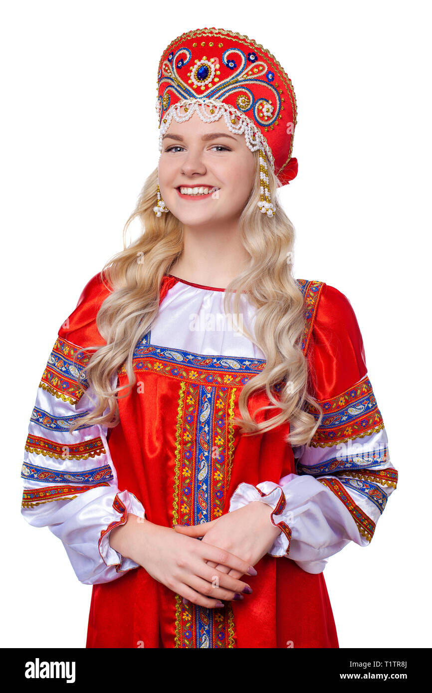 Traditional Russian folk costume, portrait of a young beautiful blonde