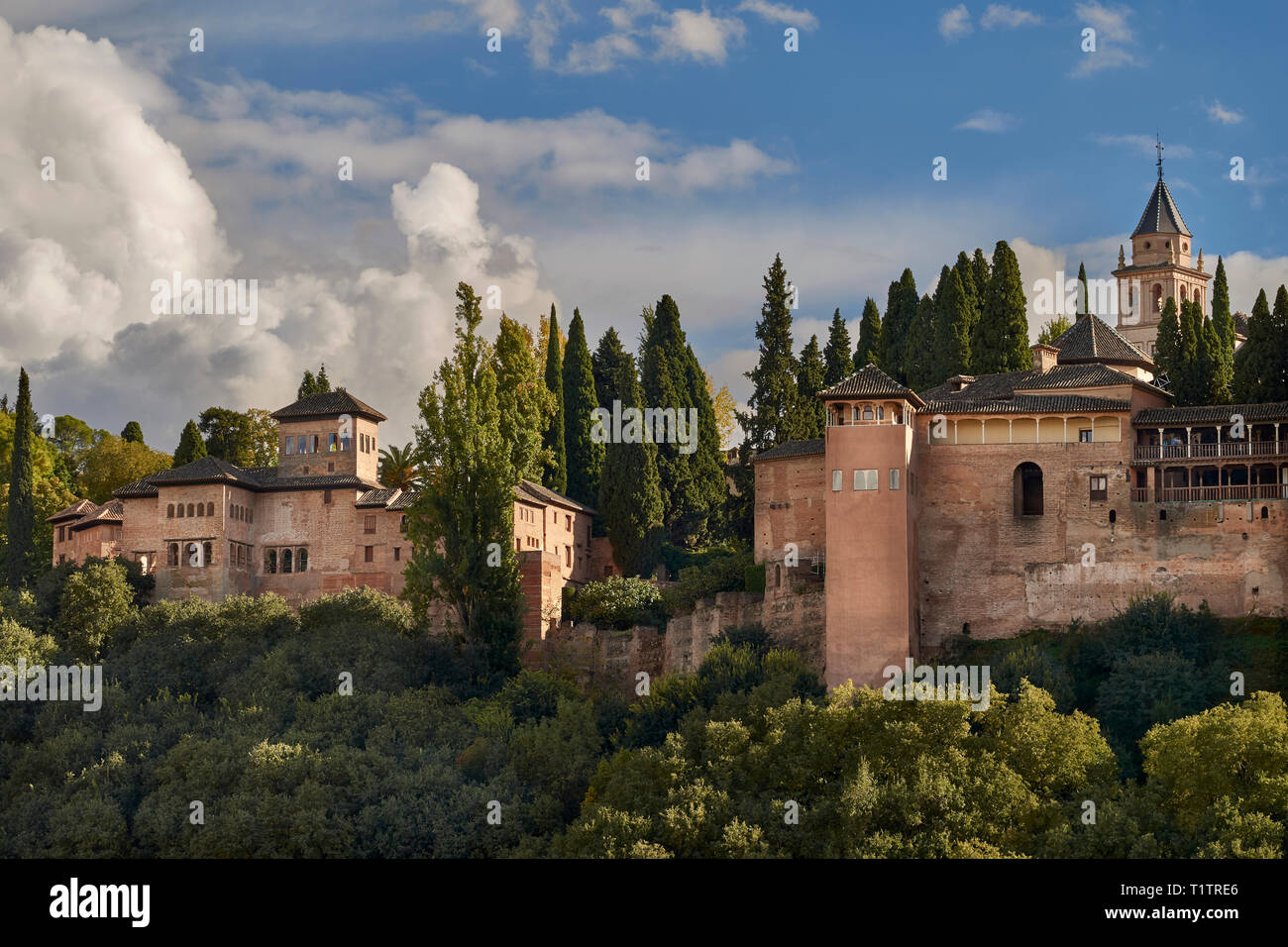 SPAIN ANDALUSIA GRANADA THE ALHAMBRA THE STEEPLE WITH BELLS AND PEOPLE ON THE OPEN VIEWING AREA Stock Photo