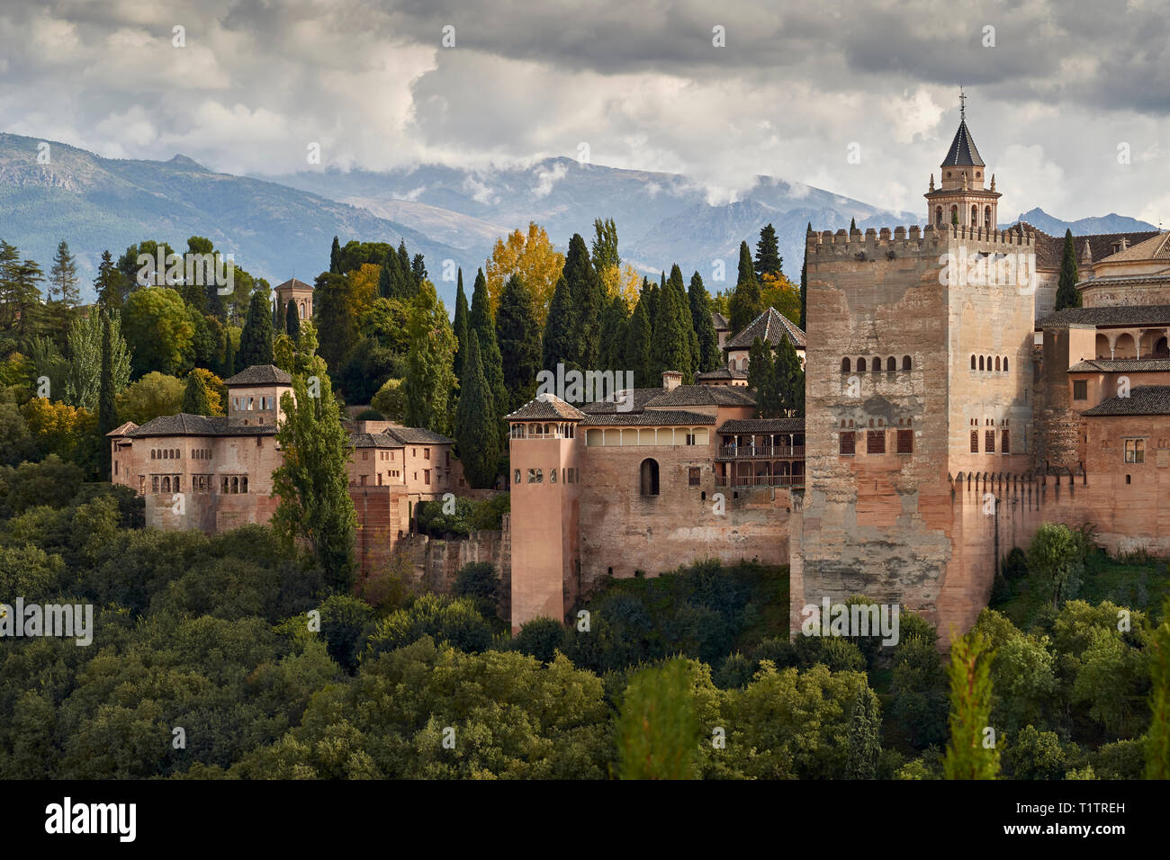 SPAIN ANDALUSIA GRANADA THE ALHAMBRA THE STEEPLE WITH BELLS AND THE CASTLE WALLS Stock Photo