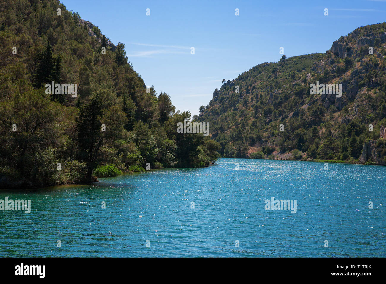 The Krka River above Skradin, on the way up to the Skradinski buk waterfalls, Šibenik–Knin, Croatia Stock Photo