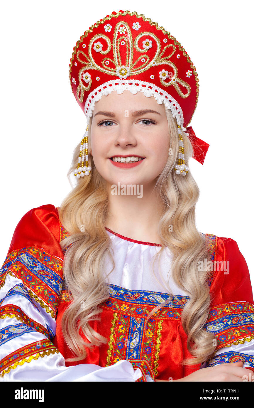 Traditional Russian folk costume, portrait of a young beautiful blonde girl  in red dress, isolated on white background Stock Photo - Alamy