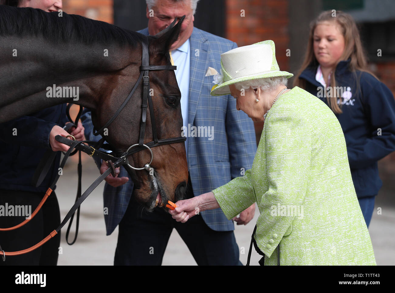 Queen Elizabeth II (right) feeds carrots to racehorse McFabulous at the Manor Farm Stables in Ditcheat, Somerset, where she will meet trainers and staff, view the horses on parade and hear from the University of Bath about Research projects on equestrian sport spinal injuries and racehorse welfare. Stock Photo