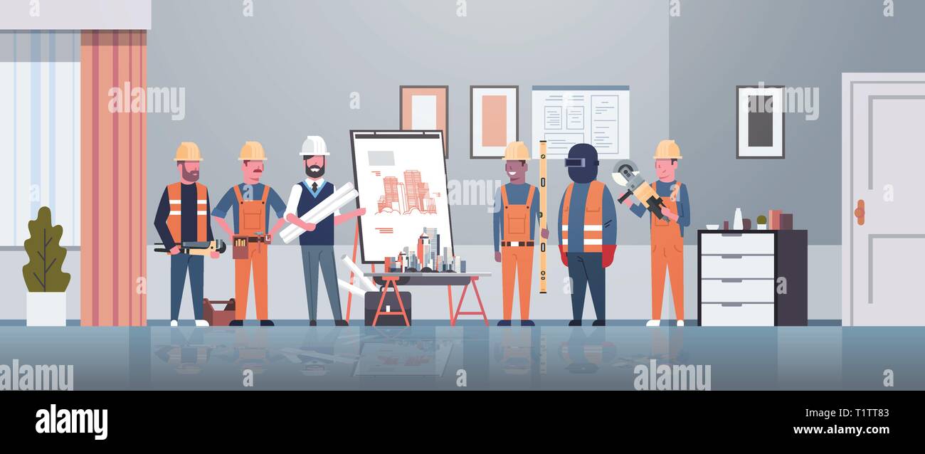 man architect engineer showing drawing building blueprint on easel board to construction workers group panning project team meeting presentation Stock Vector