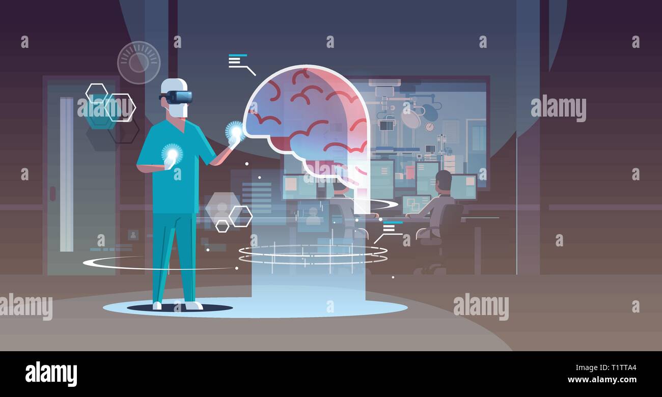 male doctor wearing digital glasses looking virtual reality brain human