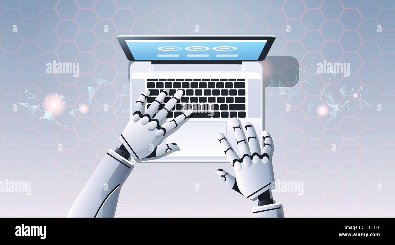 robot hands using laptop computer typing top angle view artificial intelligence digital futuristic technology concept flat horizontal Stock Vector