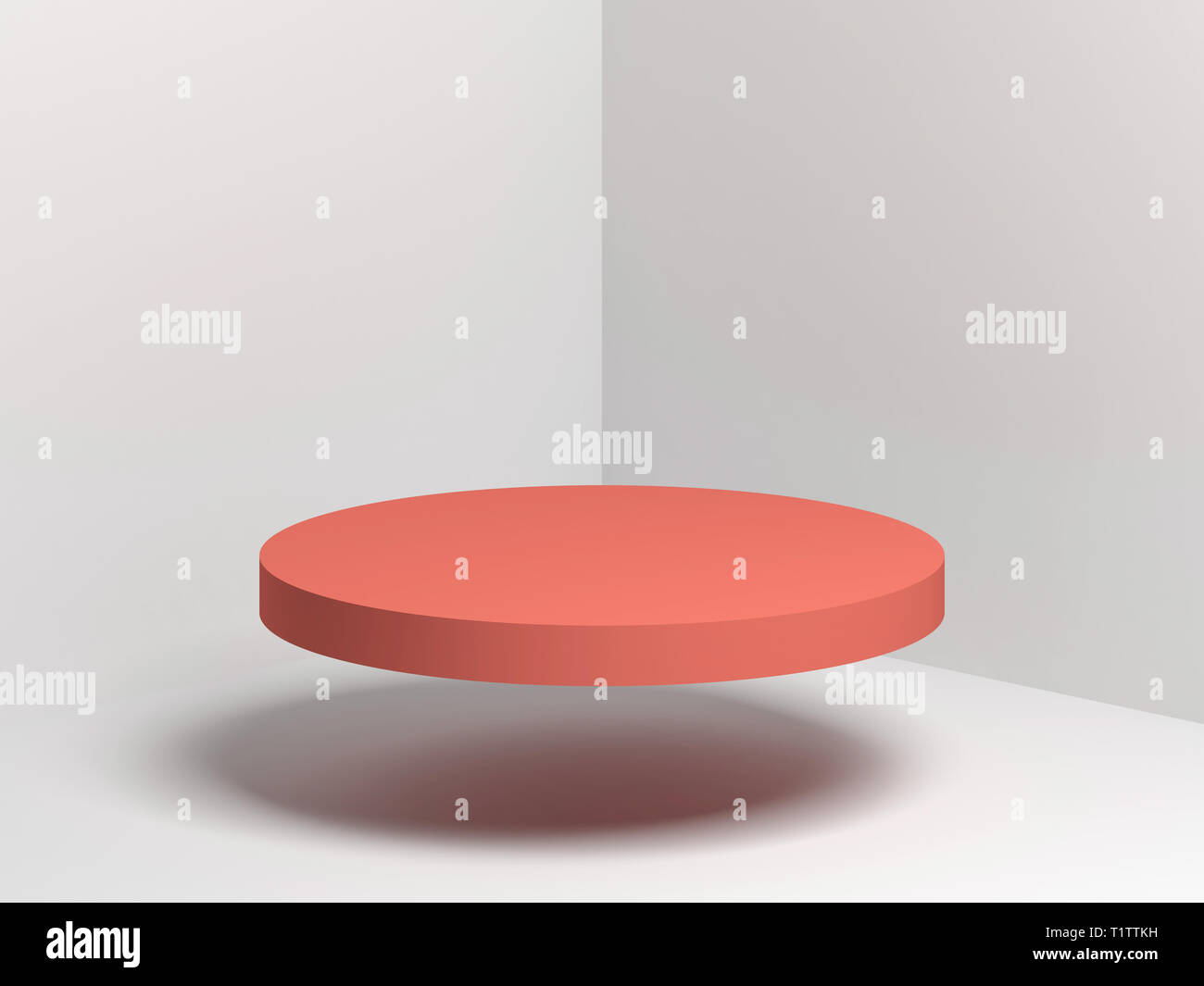 Red cylindrical podium object flying in empty white corner, 3d render illustration Stock Photo