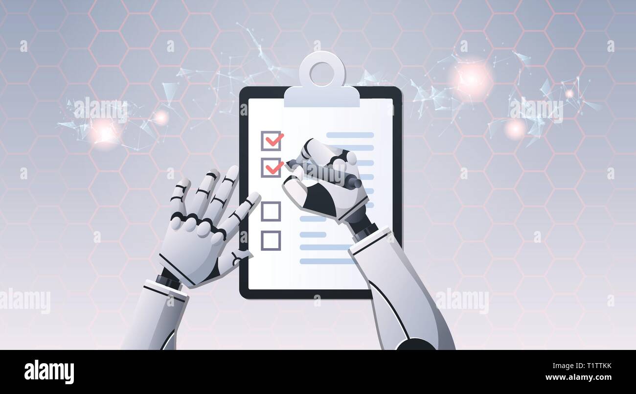 robot hands holding check list paper document ticking off check boxes ...