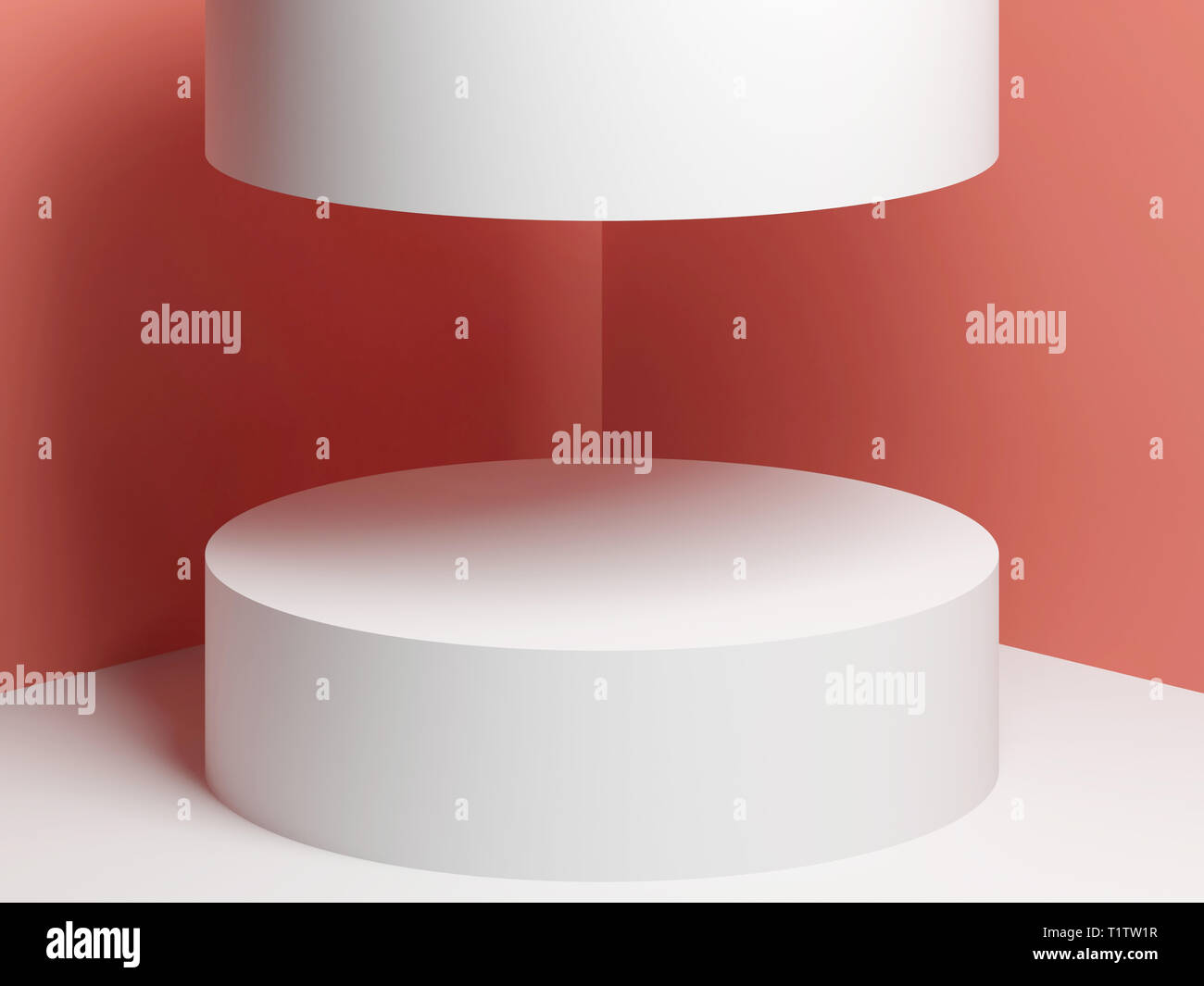 White cylindrical podium object over pink walls background, 3d render illustration Stock Photo