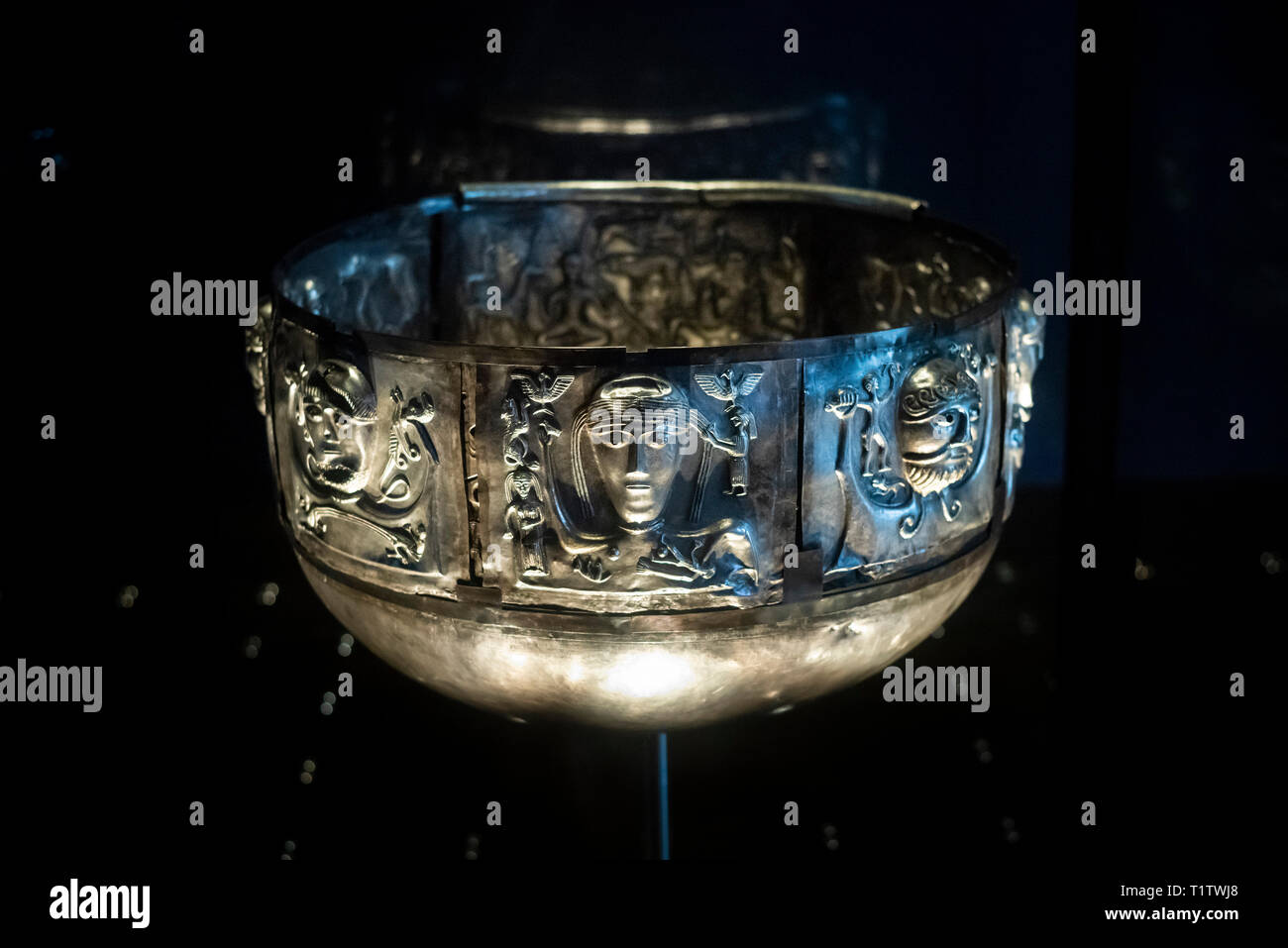 Copenhagen. Denmark. The Gundestrup cauldron, richly decorated silver bowl, National Museum of Denmark.  The Gundestrup cauldron, thought to date from Stock Photo