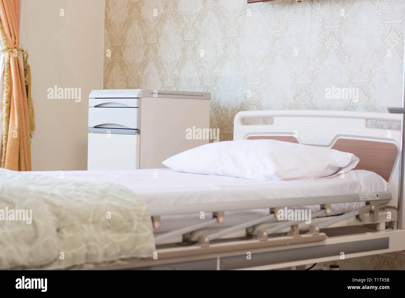 hospital indoors interiors with comfortable bed and pillow with white