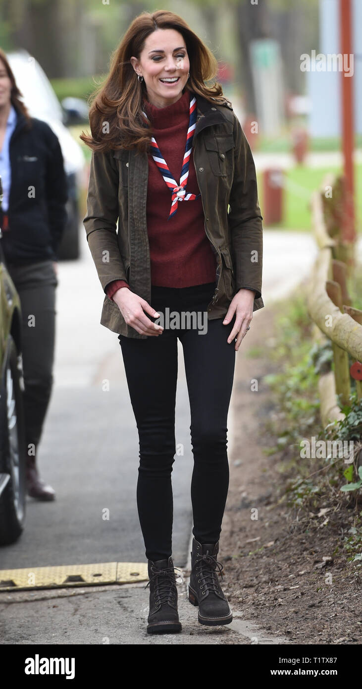 The Duchess of Cambridge during her visit to the Scouts' headquarters in Gilwell Park, Essex, where she learned more about the organisation's new pilot to bring Scouting to younger children. Stock Photo