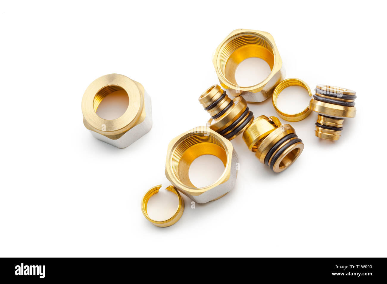 Set of metal-plastic plumbing couplings, adapters, plugs isolated on ...