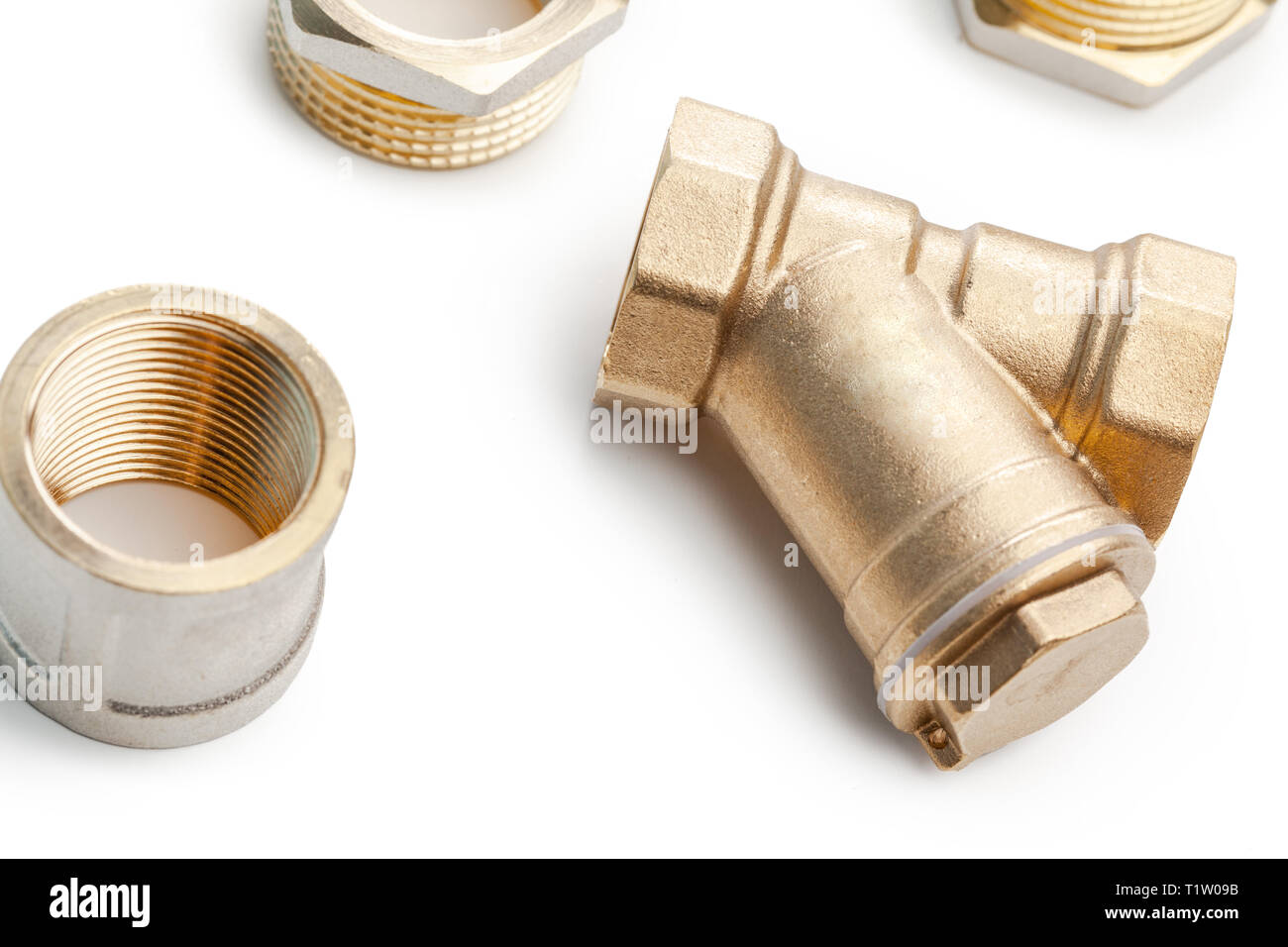 Set of metal-plastic plumbing couplings, adapters, plugs isolated on ...