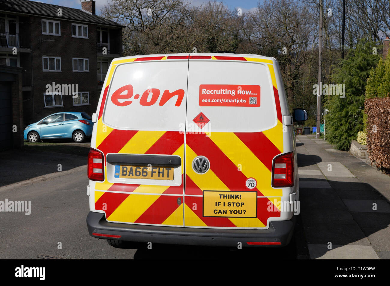 Back of e-on van, red and yellow chevrons on rear of vehicle Stock Photo