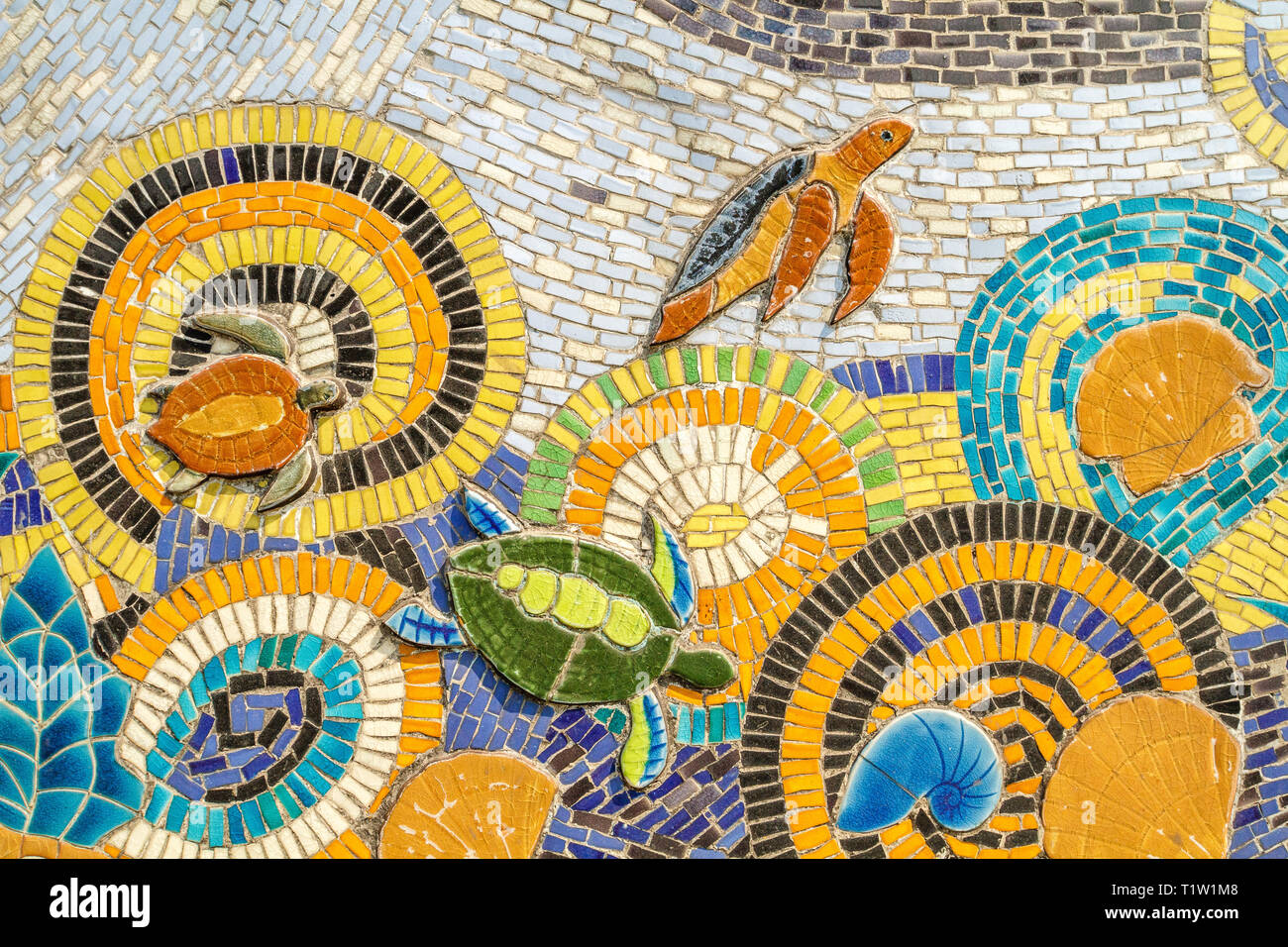 Hanoi Ceramic Mosaic Mural or Hanoi Ceramic Road. Vietnam. Depicting corals and turtles. The longest ceramic wall in the world, Guinness record. Stock Photo