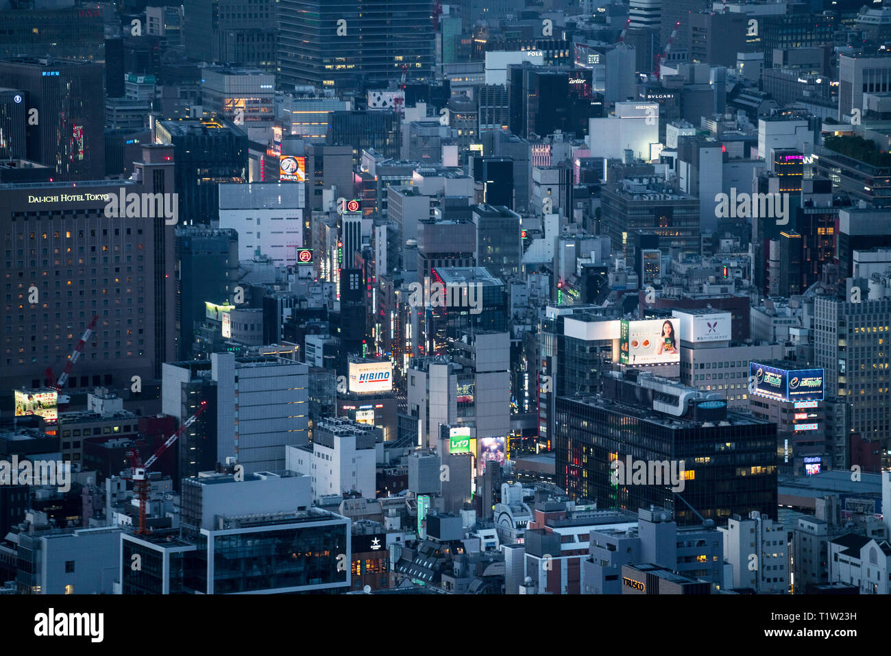 Aerial view of Tokyo skyline at night with advertisements billboards and signs Stock Photo