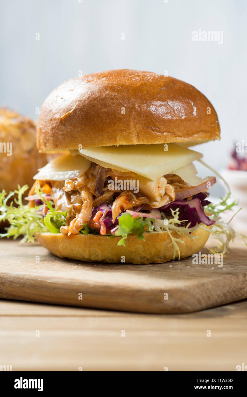 Pulled chicken burger recipe Stock Photo
