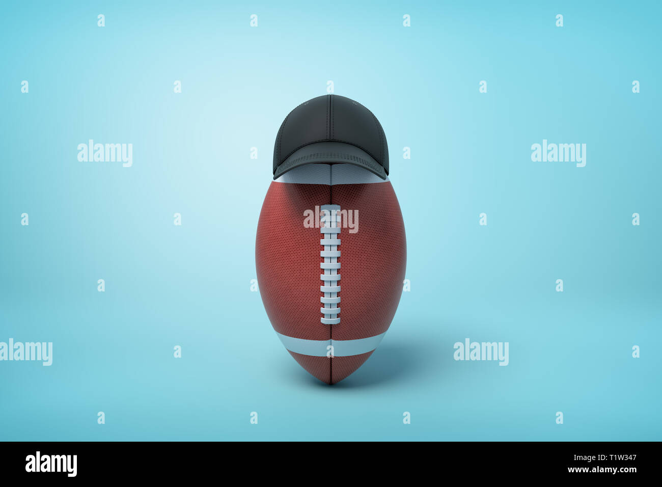 3d rendering of oval ball for American football standing upright on the right wearing black cap on light blue background. Stock Photo