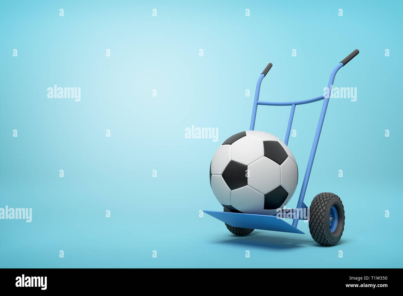3d rendering of navy blue hand truck standing upright with football on it on light-blue background. Stock Photo