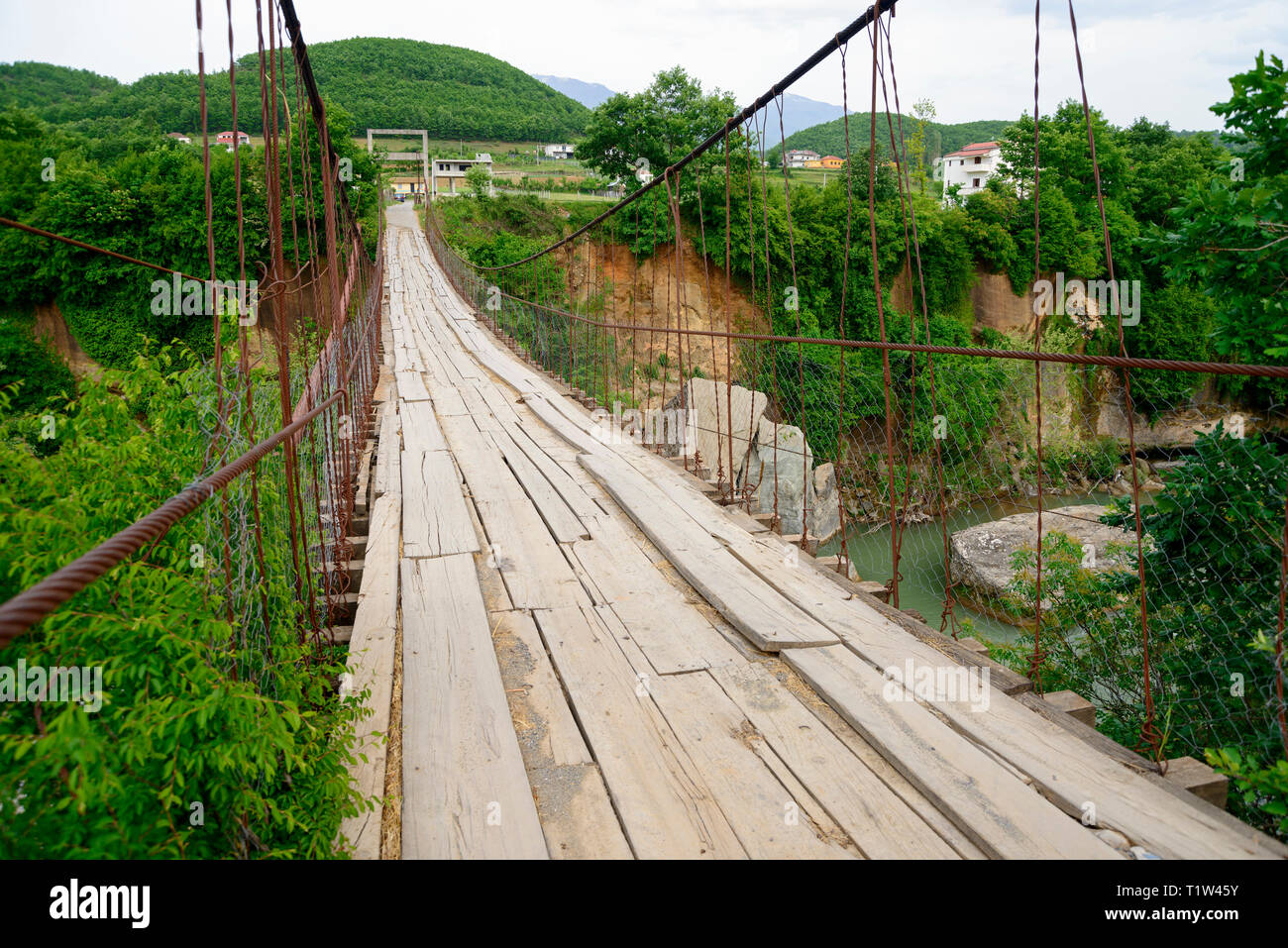 Suspension bridge near Suc, river Mat, Albania, Mati Stock Photo