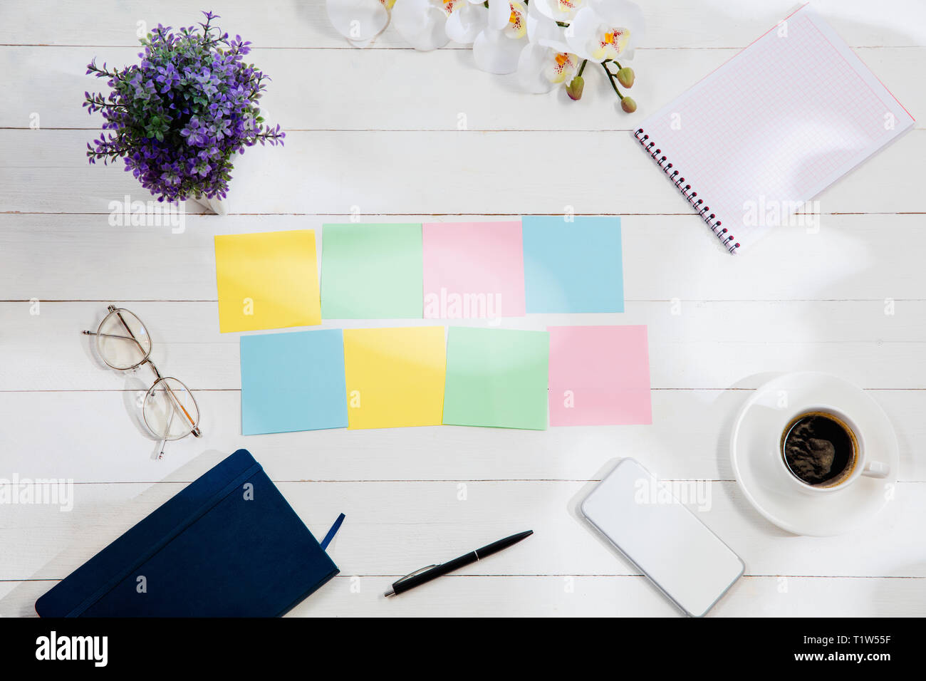 Desktop Background Work Note Message at colorful note papers on a desk background. Lifestyle ...