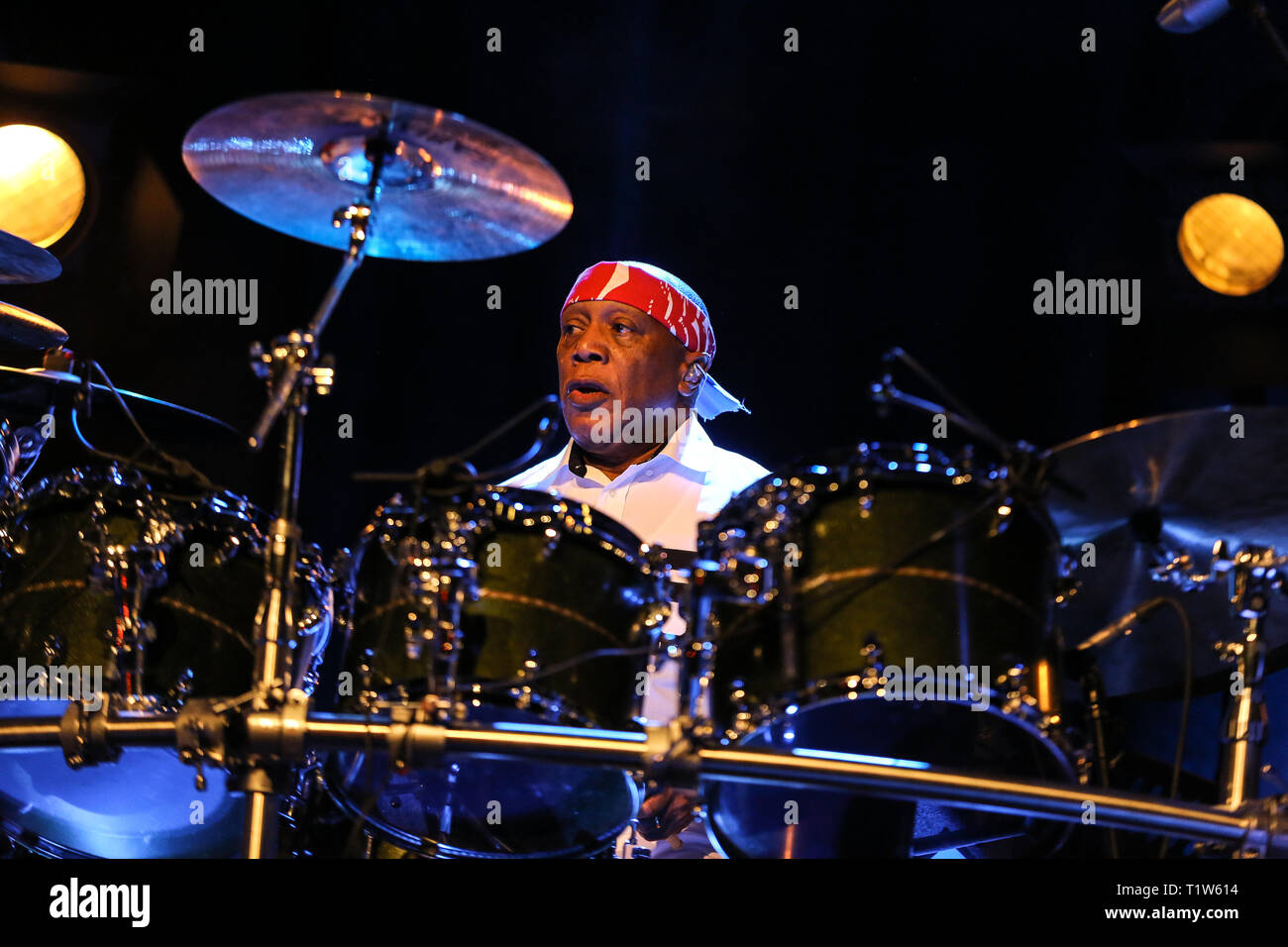 CRACOW, POLAND - MARCH 16, 2016: Famous American drummer Billy Cobham live on stage in ICE Cracow, Poland Stock Photo
