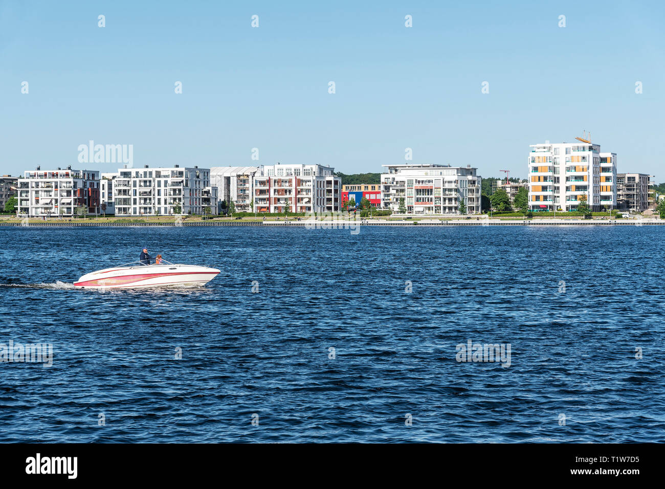motorboat, Ziegelsee, development area, Schwerin, Mecklenburg-Western Pomerania, Germany Stock Photo