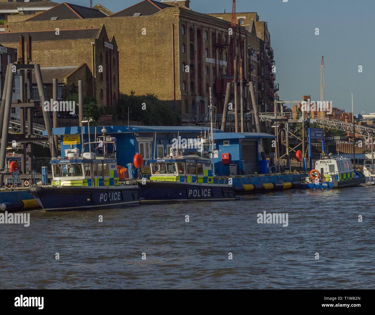 The Marine Policing Unit (MPU) of the Metropolitan Police have docks on the Thames River, London, England. Stock Photo