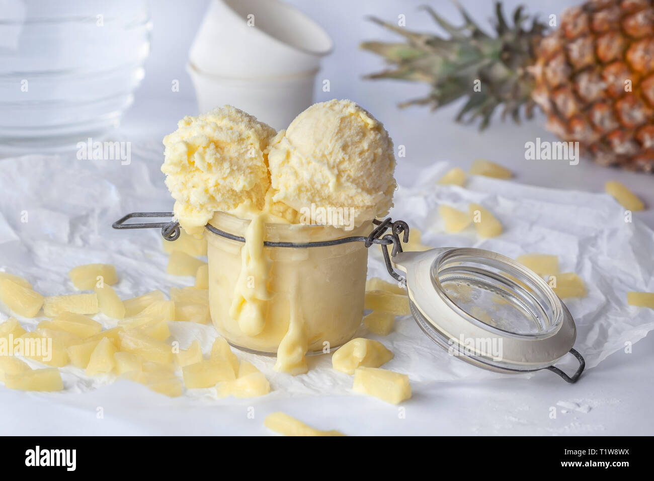 Stevia with pineapple ice cream balls decorated with pineapple slices and whole fruit on white background Stock Photo