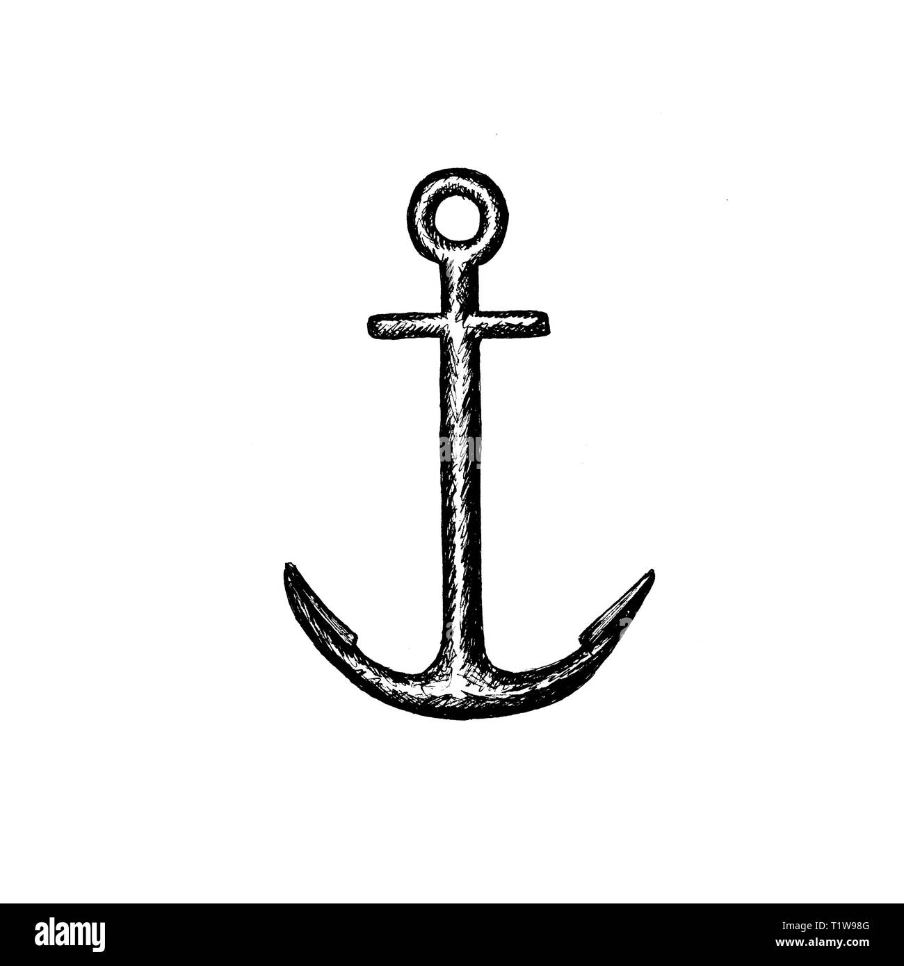 Anchor logo icon ink pen sketch. Nautical maritime sea ocean boat illustration symbol Stock Photo