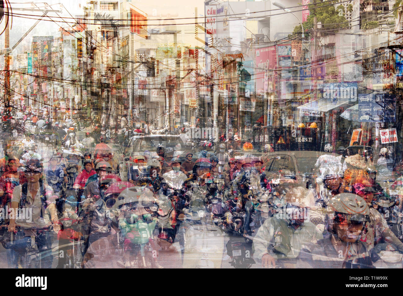 abstract city life and road traffic concept - street scene double exposure - Stock Photo